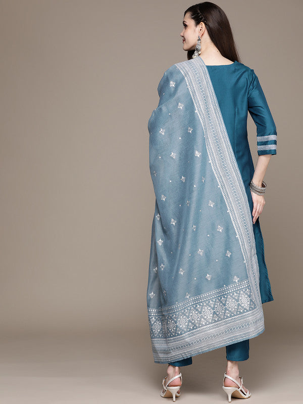 Teal Blue Coloured Chinon Foil Print V-Neck Three Quaters Sleeve Side Slit Women Designer Party/Casual wear A-line Kurta with Pant & Dupatta!!