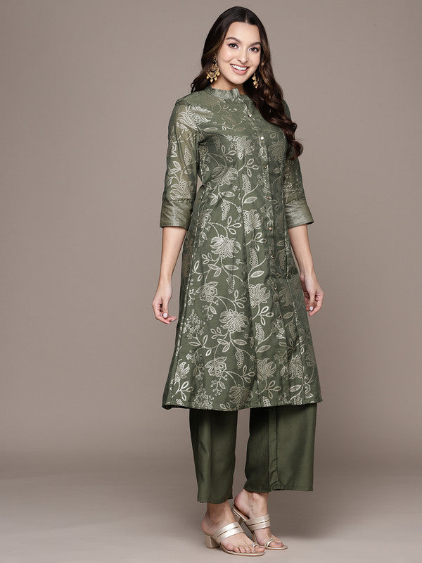 Green Coloured Chanderi Cotton Chawal Taka Print Round Neck Three Quaters Sleeve Women Designer Party/Casual Kurta Palazzo & Dupatta Set!!