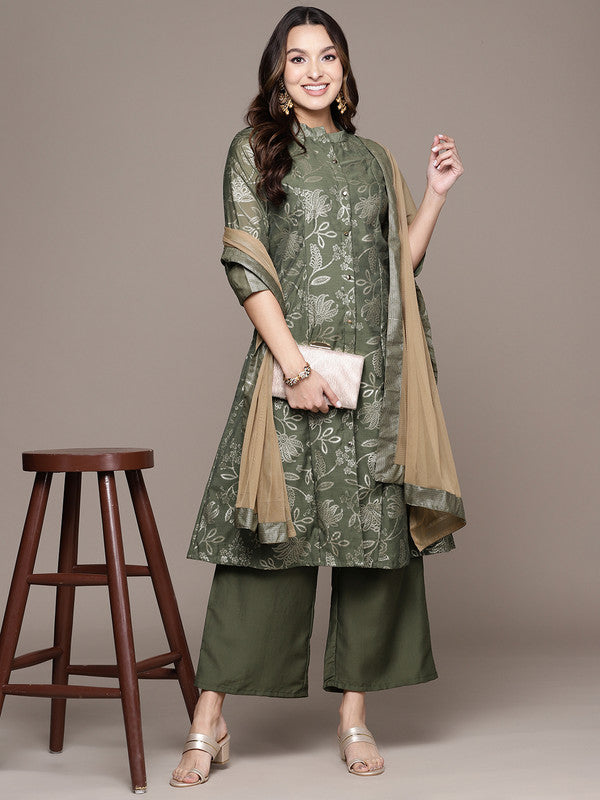 Green Coloured Chanderi Cotton Chawal Taka Print Round Neck Three Quaters Sleeve Women Designer Party/Casual Kurta Palazzo & Dupatta Set!!