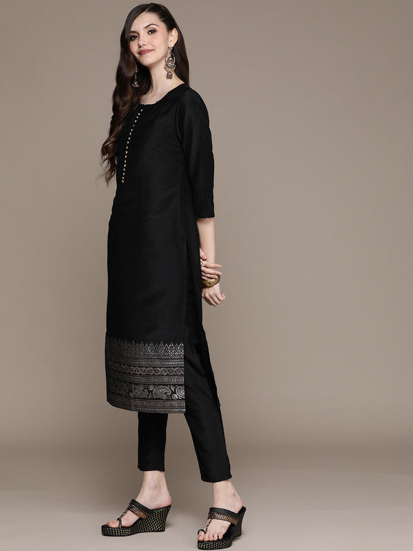 Black Coloured Crepe Foil Print Round Neck Front & Sleeve Dyed Back Women Designer Party/Casual wear Straight Kurta Pant and Dupatta Set!!