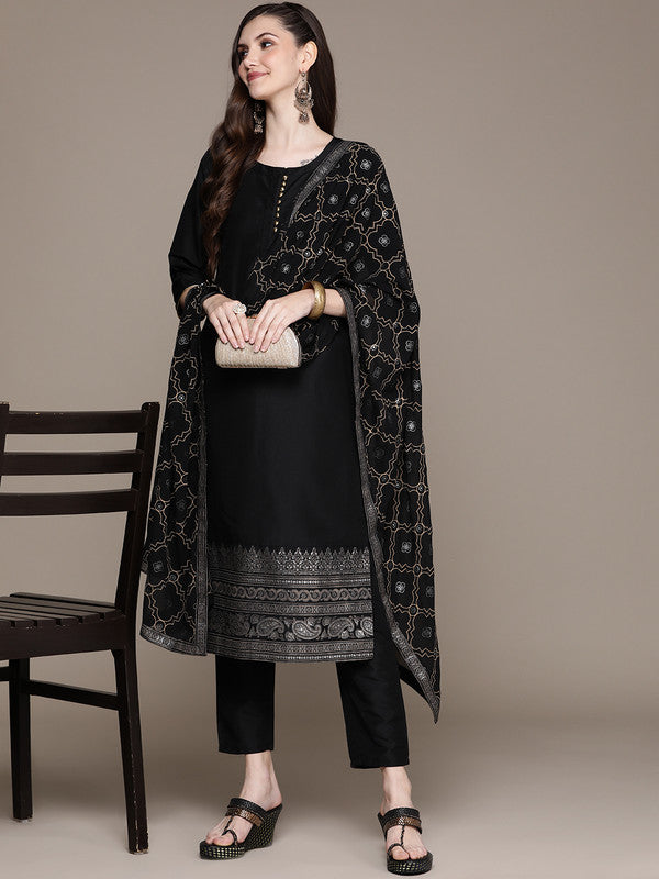 Black Coloured Crepe Foil Print Round Neck Front & Sleeve Dyed Back Women Designer Party/Casual wear Straight Kurta Pant and Dupatta Set!!