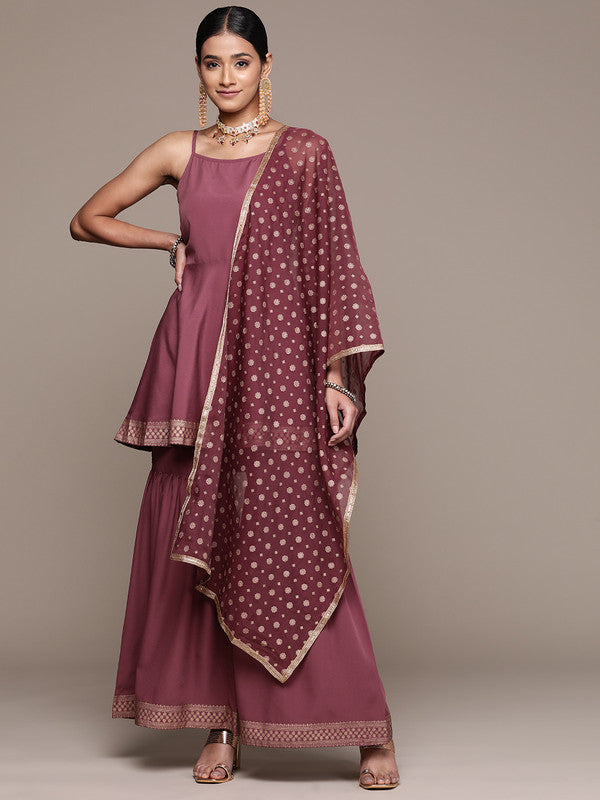 Rose Wood/Brown Coloured Crepe with Spaghetti Strap Side Zipper & Printed Border Women Designer Party/Casual Fit & Flare Kurta with Sharara & Dupatta Set!!