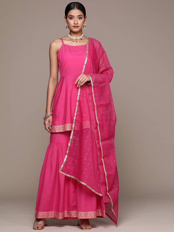 Pink Coloured Crepe with Spaghetti Strap Side Zipper & Printed Border Women Designer Party/Casual Fit & Flare Kurta with Sharara & Dupatta Set!!