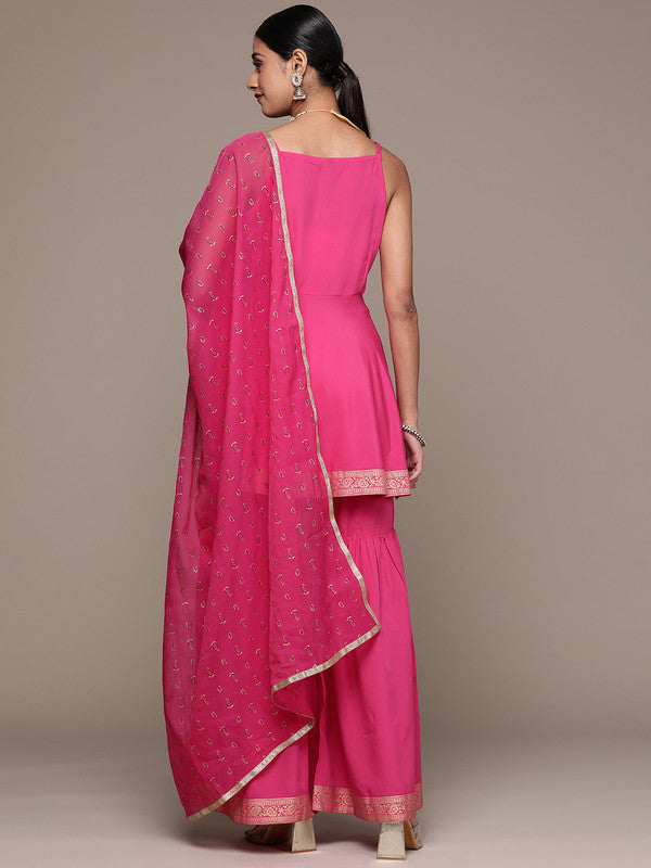 Pink Coloured Crepe with Spaghetti Strap Side Zipper & Printed Border Women Designer Party/Casual Fit & Flare Kurta with Sharara & Dupatta Set!!