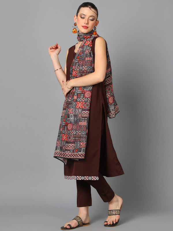 Brown Coloured Crepe with Digital Print Round neck Side Slit Women Designer Party/Casual wear straight Kurta with Pant & Dupatta!!