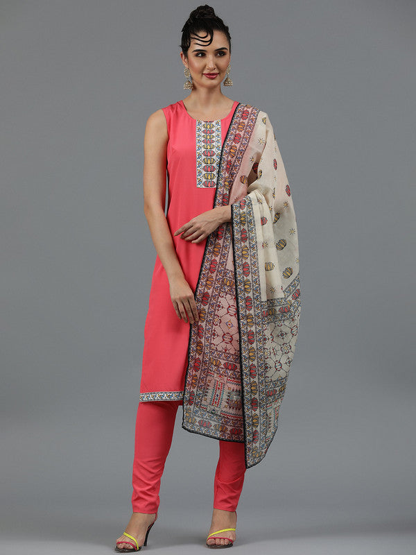 Coral Coloured Crepe with Digital Print Round neck Side Slit Women Designer Party/Casual wear straight Madhubani Pattern Kurta with Pant & Dupatta!!