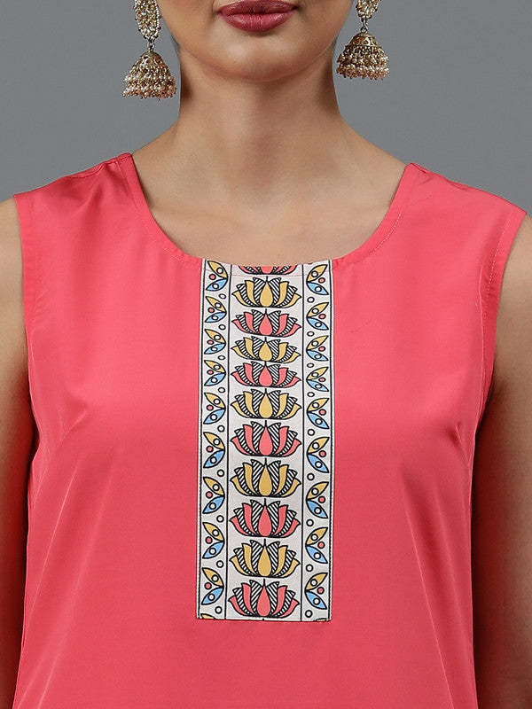 Coral Coloured Crepe with Digital Print Round neck Side Slit Women Designer Party/Casual wear straight Madhubani Pattern Kurta with Pant & Dupatta!!