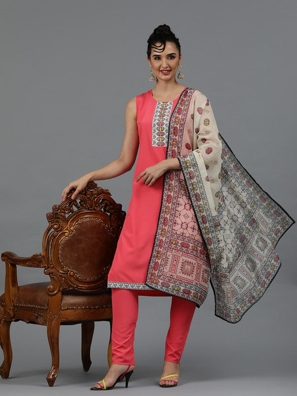 Coral Coloured Crepe with Digital Print Round neck Side Slit Women Designer Party/Casual wear straight Madhubani Pattern Kurta with Pant & Dupatta!!