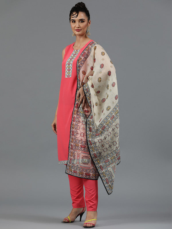 Coral Coloured Crepe with Digital Print Round neck Side Slit Women Designer Party/Casual wear straight Madhubani Pattern Kurta with Pant & Dupatta!!