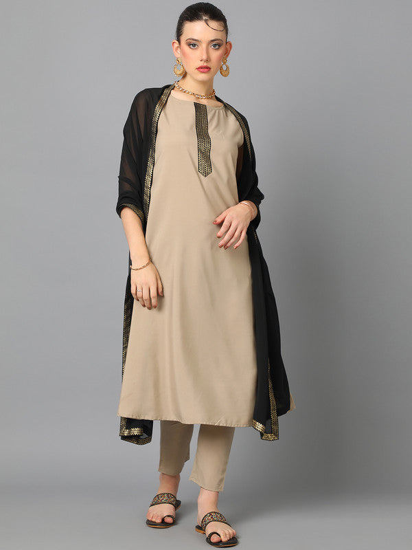 Beige Coloured Crepe with Foil Print Round neck Side Slit Women Designer Party/Casual wear A-Line Kurta with Pant & Dupatta!!