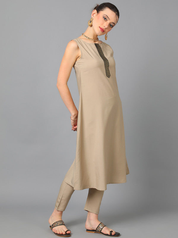 Beige Coloured Crepe with Foil Print Round neck Side Slit Women Designer Party/Casual wear A-Line Kurta with Pant & Dupatta!!