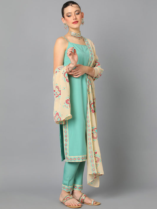 Aqua Green Coloured Crepe with Floral Print Strappy Side Slits Women Designer Party/Casual wear Foil Print Straight Kurta with Pant & Dupatta!!