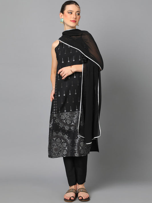 Black Coloured Crepe with Silver Foil Print Spaghetti Strap & Side Slits Women Designer Party/Casual wear Straight Kurta with Pant & Dupatta!!