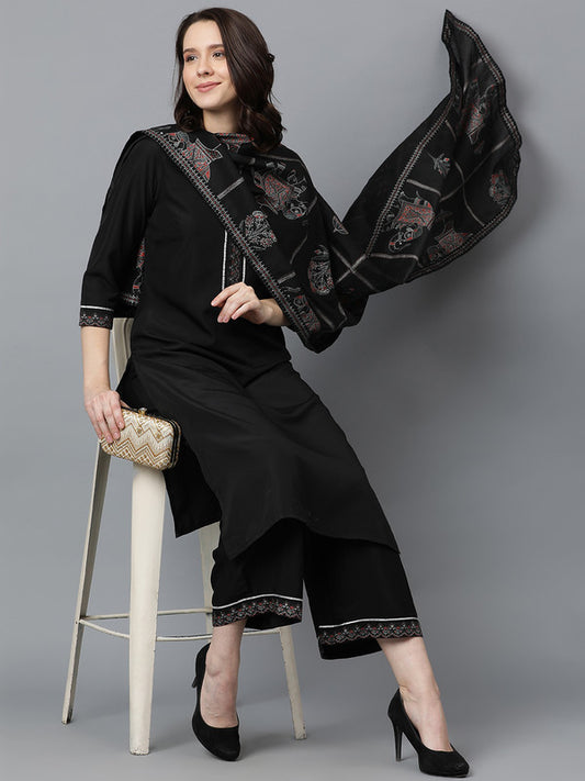 Black Coloured Crepe with Pigment Print, Round Neck, 3/4 Sleeves & Side Slits Women Designer Party/Casual wear Straight Kurta with Palazzo & Dupatta!!