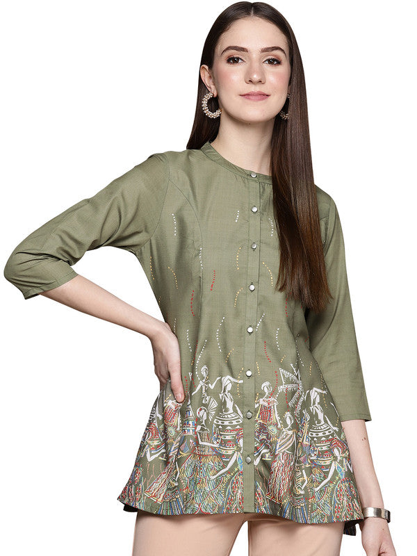 Olive Green Coloured Mandarin Collar with Front Buttoned Placket 3/4th sleeve Women Designer Party/Casual A-Line Top!!