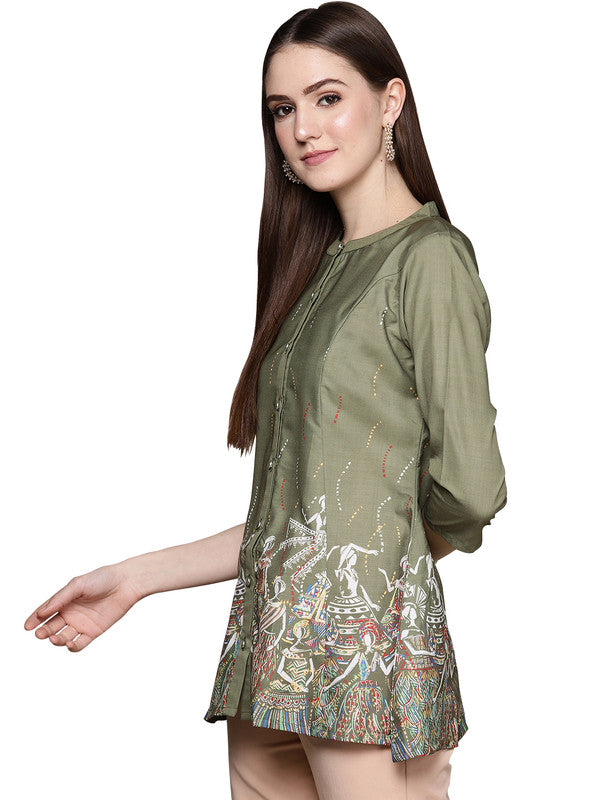 Olive Green Coloured Mandarin Collar with Front Buttoned Placket 3/4th sleeve Women Designer Party/Casual A-Line Top!!