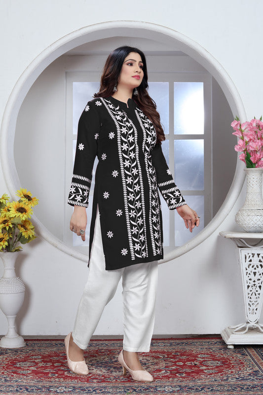 Black Coloured Heavy Rayon with Chikankari Embroidery Work Collar Neck Full Sleeves Women Designer Party/Casual wear Short Top!!