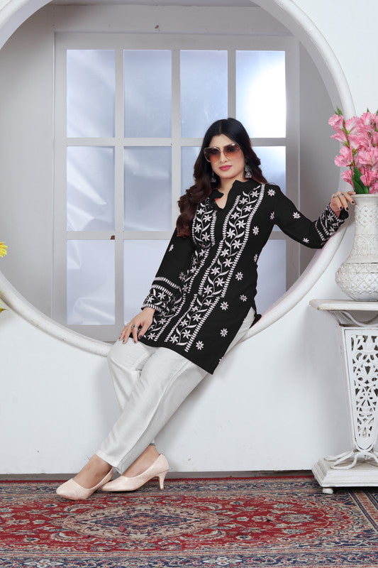 Black Coloured Heavy Rayon with Chikankari Embroidery Work Collar Neck Full Sleeves Women Designer Party/Casual wear Short Top!!