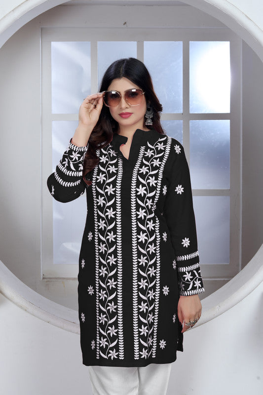 Black Coloured Heavy Rayon with Chikankari Embroidery Work Collar Neck Full Sleeves Women Designer Party/Casual wear Short Top!!