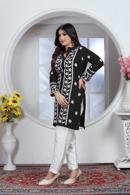 Black Coloured Heavy Rayon with Chikankari Embroidery Work Collar Neck Full Sleeves Women Designer Party/Casual wear Short Top!!