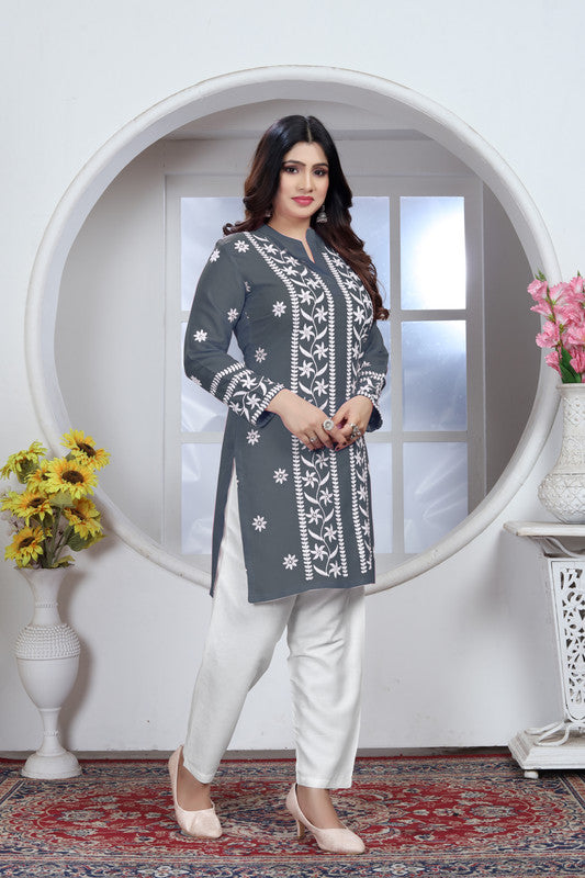 Grey Coloured Heavy Rayon with Chikankari Embroidery Work Collar Neck Full Sleeves Women Designer Party/Casual wear Short Top!!