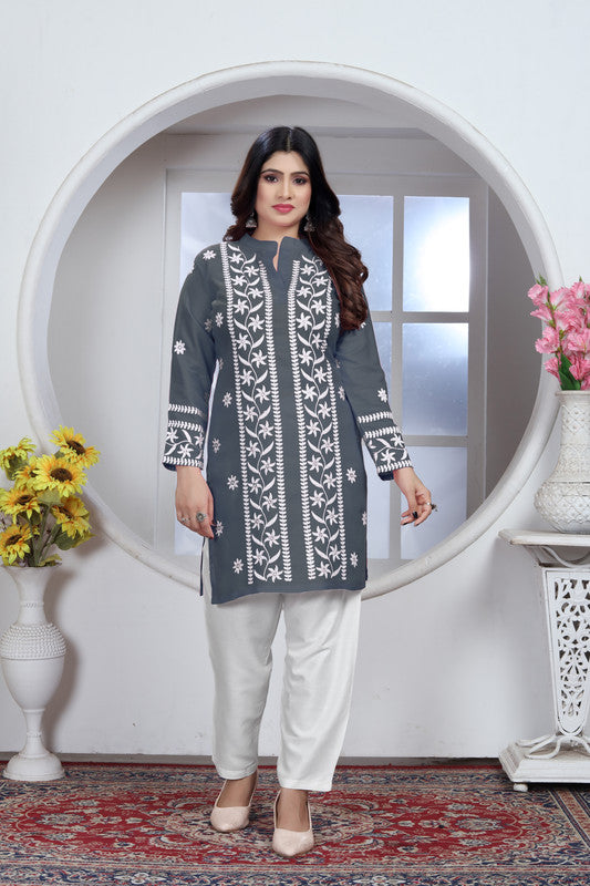 Grey Coloured Heavy Rayon with Chikankari Embroidery Work Collar Neck Full Sleeves Women Designer Party/Casual wear Short Top!!