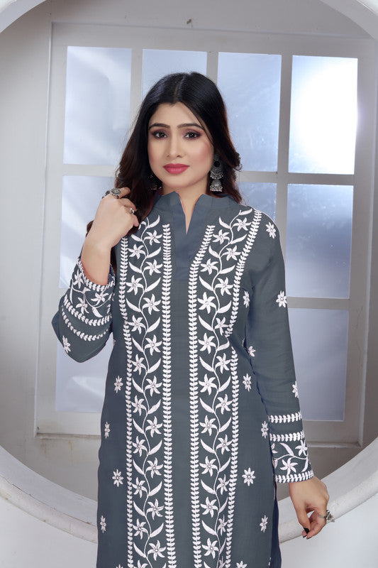 Grey Coloured Heavy Rayon with Chikankari Embroidery Work Collar Neck Full Sleeves Women Designer Party/Casual wear Short Top!!