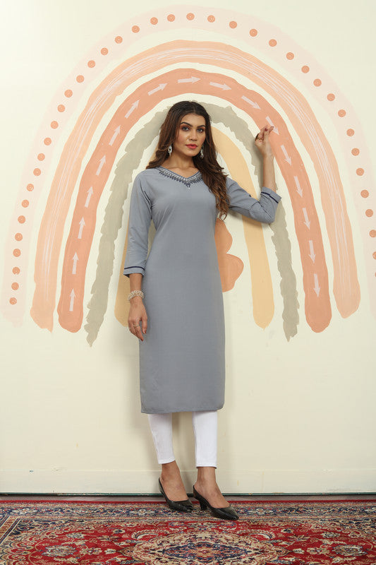 Grey Coloured Maaza Cotton with Handwork V-Neck Three-quarter sleeves Women Designer Casual/Office wear Kurti with Pant!!