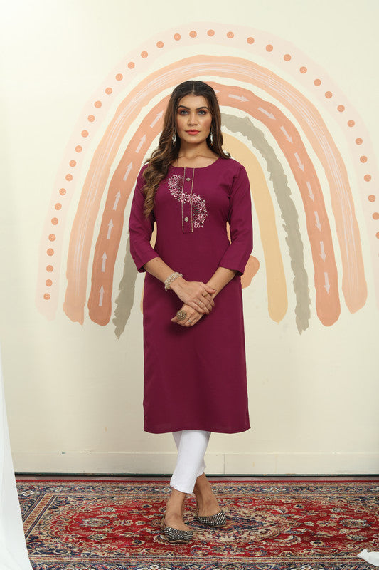 Wine Coloured Maaza Cotton with Handwork Round-Neck Three-quarter sleeves Women Designer Casual/Office wear Kurti with Pant!!