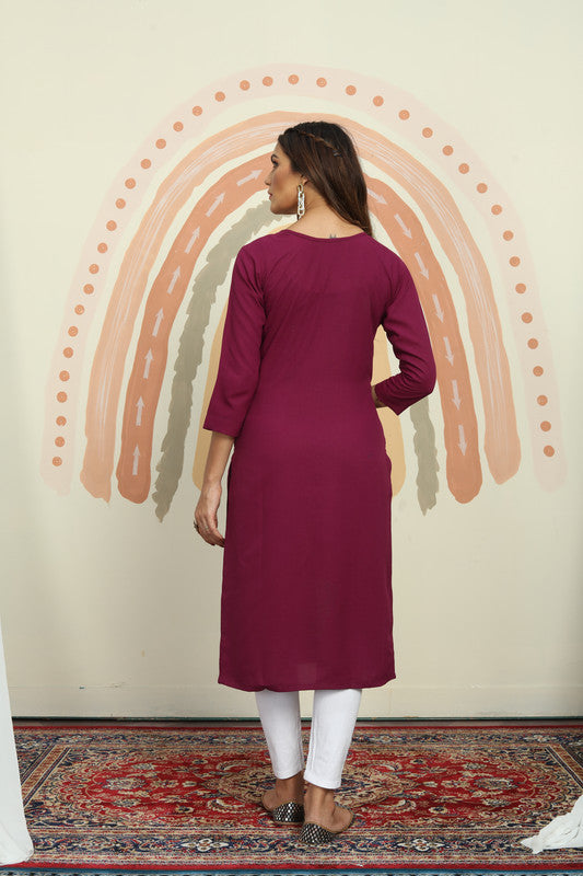 Wine Coloured Maaza Cotton with Handwork Round-Neck Three-quarter sleeves Women Designer Casual/Office wear Kurti with Pant!!