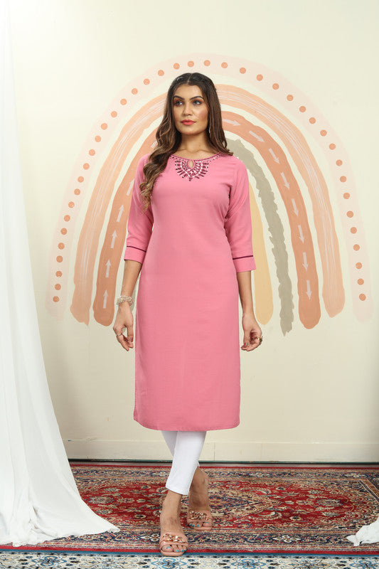 Pink Coloured Maaza Cotton with Handwork Round-Neck Three-quarter sleeves Women Designer Casual/Office wear Kurti with Pant!!