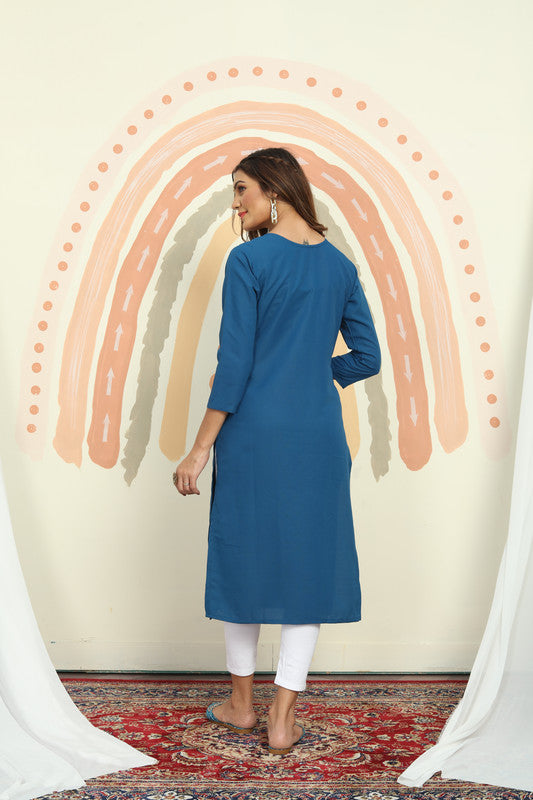 Rama Blue Coloured Maaza Cotton with Handwork V-Neck Three-quarter sleeves Women Designer Casual/Office wear Kurti with Pant!!