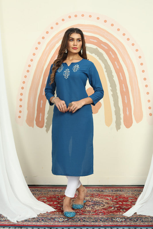 Rama Blue Coloured Maaza Cotton with Handwork V-Neck Three-quarter sleeves Women Designer Casual/Office wear Kurti with Pant!!