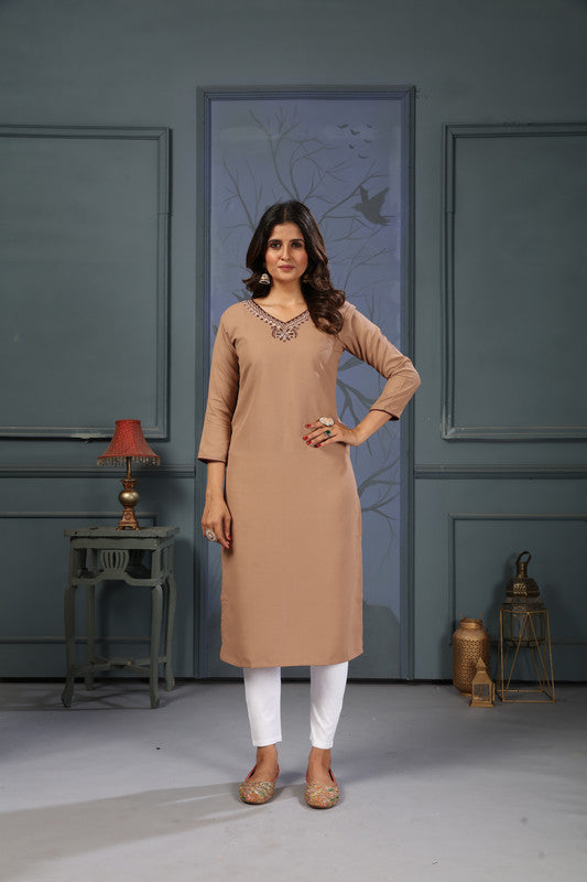 Beige Coloured Maaza Cotton with Handwork V-Neck Three-quarter sleeves Women Designer Casual/Office wear Kurti with Pant!!