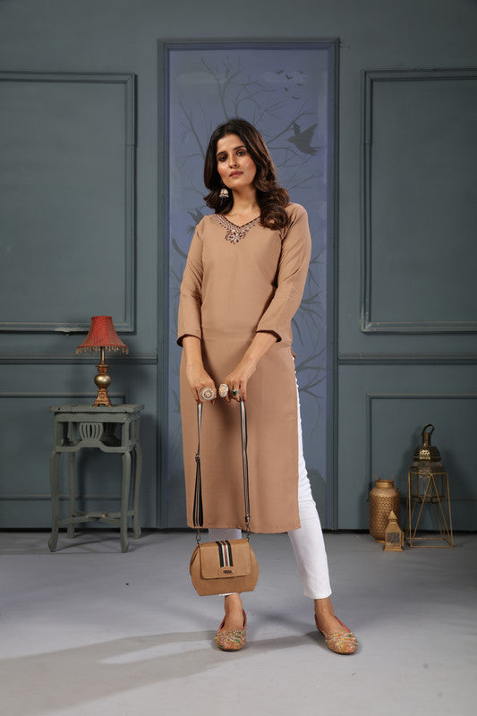 Beige Coloured Maaza Cotton with Handwork V-Neck Three-quarter sleeves Women Designer Casual/Office wear Kurti with Pant!!