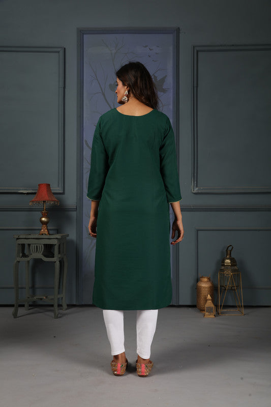 Green Coloured Maaza Cotton with Handwork V-Neck Three-quarter sleeves Women Designer Casual/Office wear Kurti with Pant!!