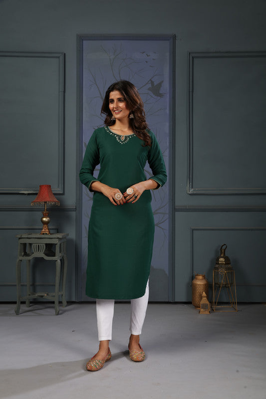 Green Coloured Maaza Cotton with Handwork V-Neck Three-quarter sleeves Women Designer Casual/Office wear Kurti with Pant!!