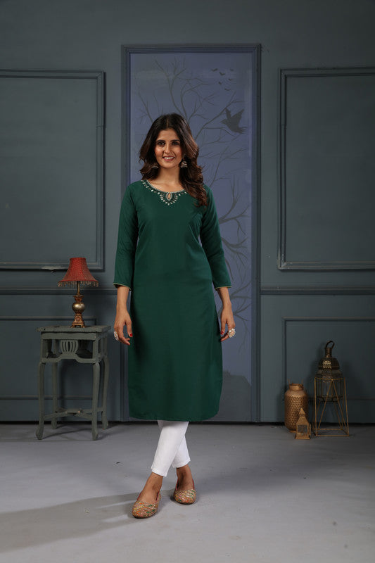 Green Coloured Maaza Cotton with Handwork V-Neck Three-quarter sleeves Women Designer Casual/Office wear Kurti with Pant!!