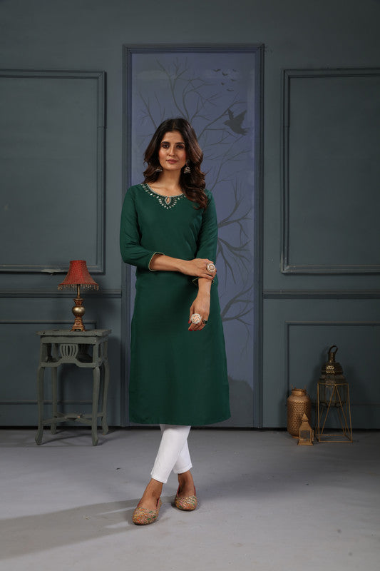 Green Coloured Maaza Cotton with Handwork V-Neck Three-quarter sleeves Women Designer Casual/Office wear Kurti with Pant!!