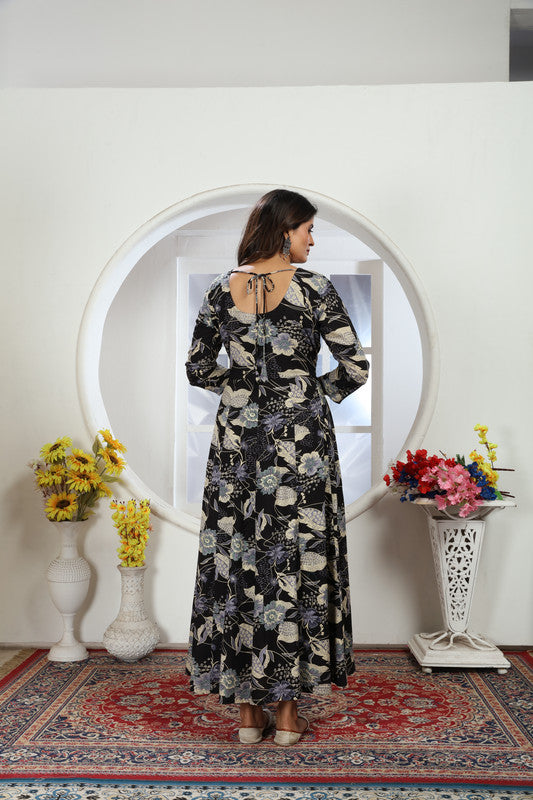 Black Coloured Premium Rayon with Floral Print Round Neck 3/4 Sleeves Women Designer Party/Casual wear Long Gown Kurta with Dupatta!!