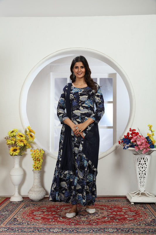 Navy Blue Coloured Premium Rayon with Floral Print Round Neck 3/4 Sleeves Women Designer Party/Casual wear Long Gown Kurta with Dupatta!!