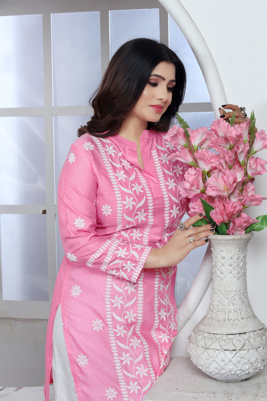 Pink Coloured Heavy Rayon with Chikankari Embroidery Work Collar Neck Full Sleeves Women Designer Party/Casual wear Short Top!!