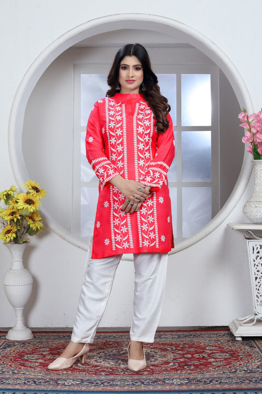 Red Coloured Heavy Rayon with Chikankari Embroidery Work Collar Neck Full Sleeves Women Designer Party/Casual wear Short Top!!