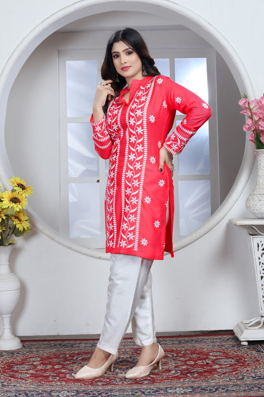 Red Coloured Heavy Rayon with Chikankari Embroidery Work Collar Neck Full Sleeves Women Designer Party/Casual wear Short Top!!