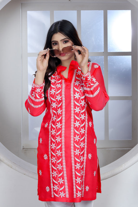 Red Coloured Heavy Rayon with Chikankari Embroidery Work Collar Neck Full Sleeves Women Designer Party/Casual wear Short Top!!