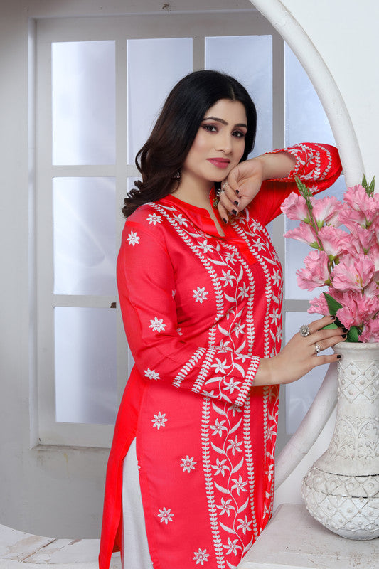 Red Coloured Heavy Rayon with Chikankari Embroidery Work Collar Neck Full Sleeves Women Designer Party/Casual wear Short Top!!