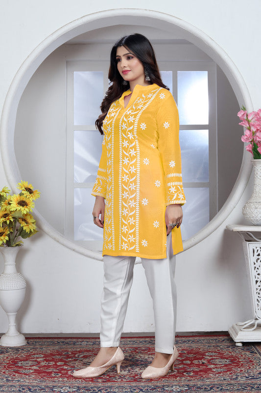 Yellow Coloured Heavy Rayon with Chikankari Embroidery Work Collar Neck Full Sleeves Women Designer Party/Casual wear Short Top!!