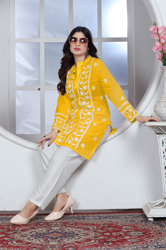 Yellow Coloured Heavy Rayon with Chikankari Embroidery Work Collar Neck Full Sleeves Women Designer Party/Casual wear Short Top!!