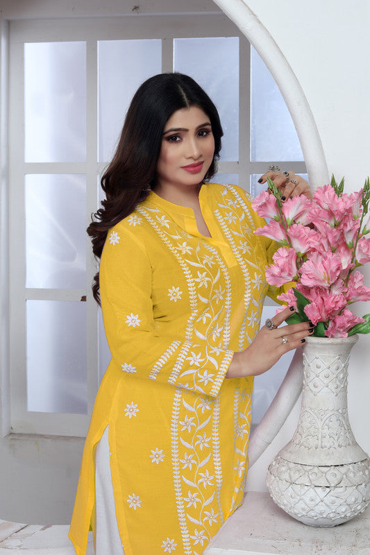 Yellow Coloured Heavy Rayon with Chikankari Embroidery Work Collar Neck Full Sleeves Women Designer Party/Casual wear Short Top!!