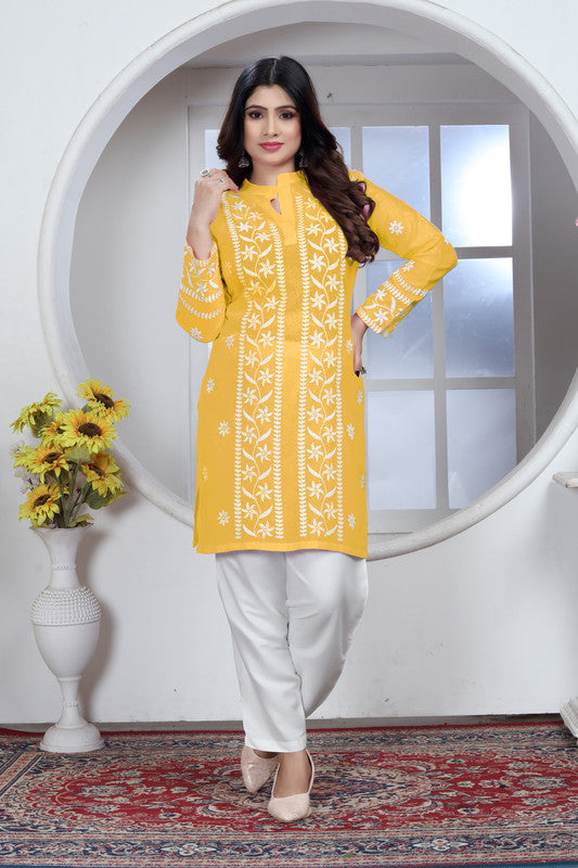 Yellow Coloured Heavy Rayon with Chikankari Embroidery Work Collar Neck Full Sleeves Women Designer Party/Casual wear Short Top!!